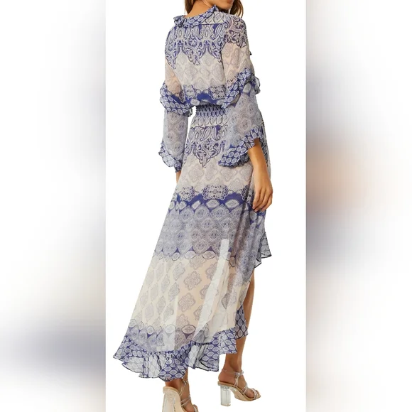 NWT MISA Imaan Size Small Blue White Multi Tile Ruffle Sheer High-Low Maxi Dress